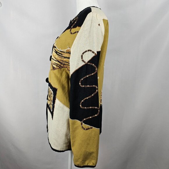 VTG Grandmacore Patchwork Retro Bold Abstract Cheetah Gold Black Cardigan S - Picture 4 of 15
